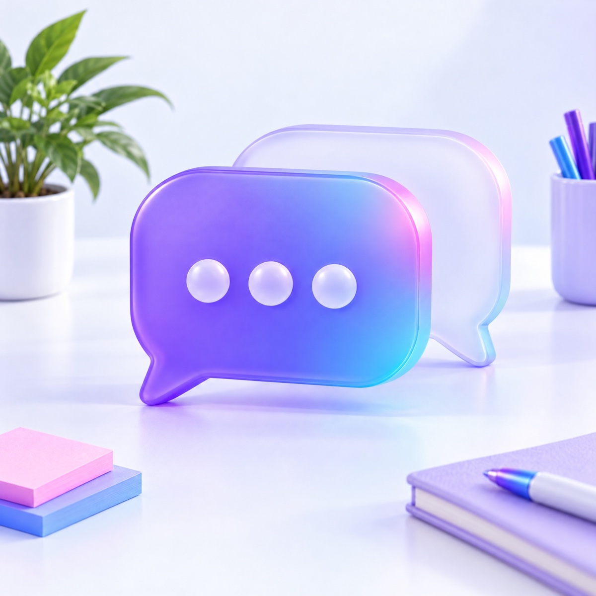 Two overlapping speech bubbles, the front one violet with three dots