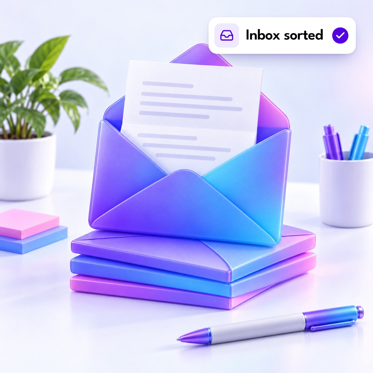 An open envelope with a letter rising out of it on a stack of envelopes, with an "Inbox sorted" notification