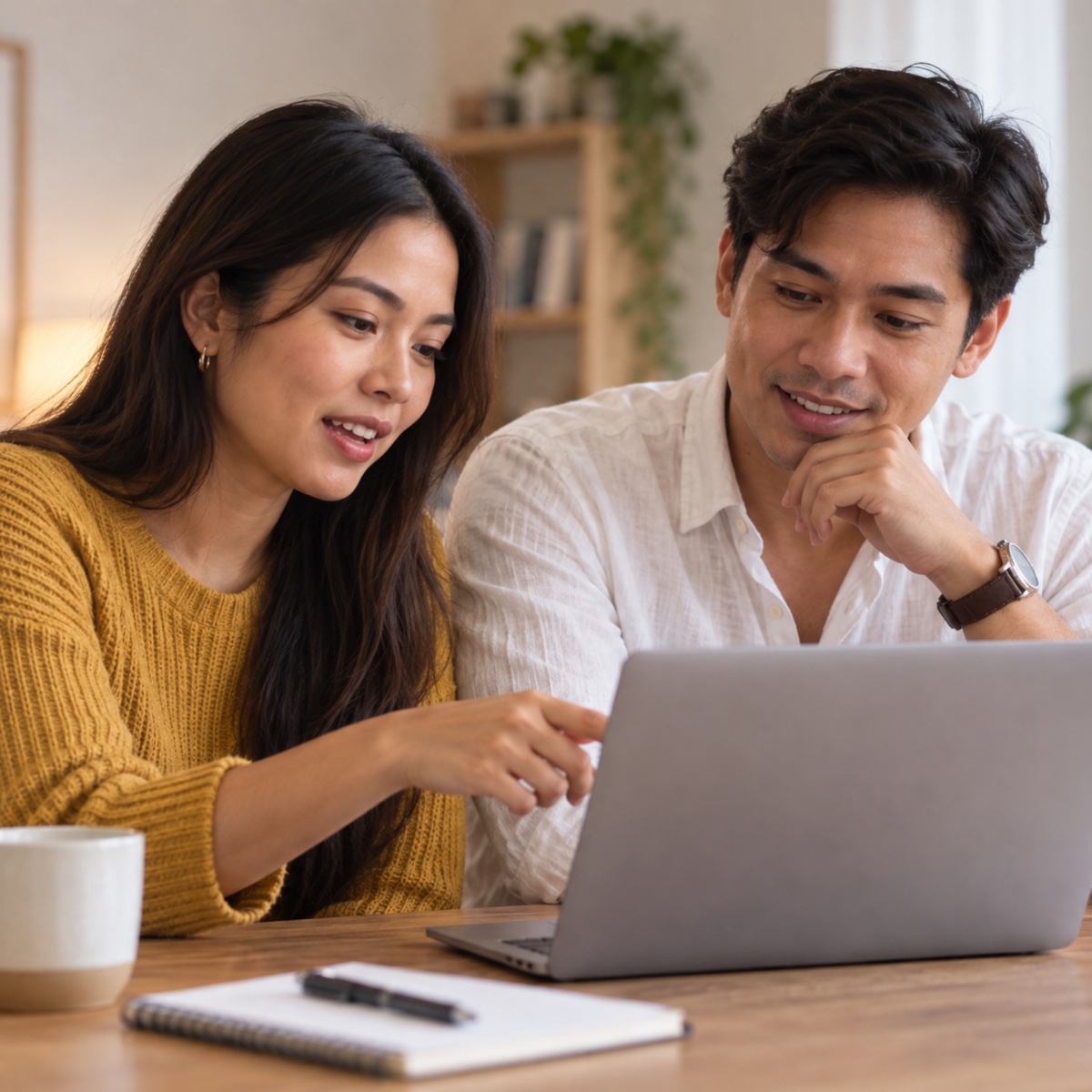 Two colleagues talking through a plan together on one laptop