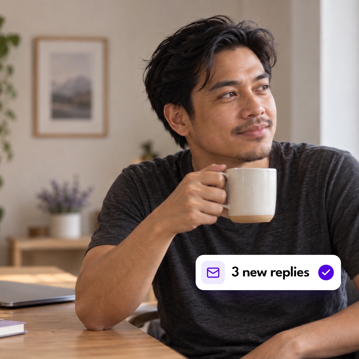 An assistant taking a coffee break by the window, with a "3 new replies" notification