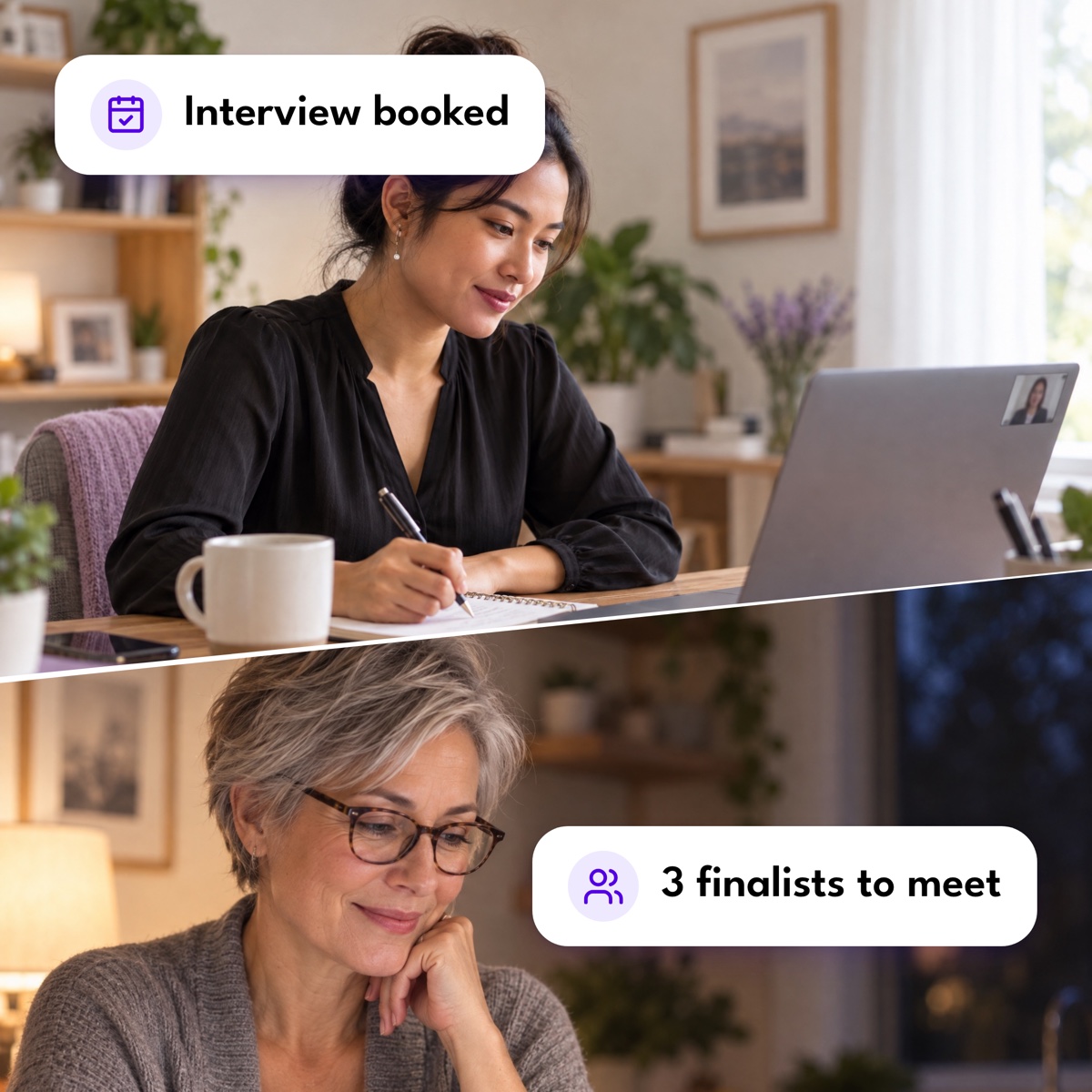 An executive assistant on a video call above a business owner reading her laptop, with "Interview booked" and "3 finalists to meet" labels