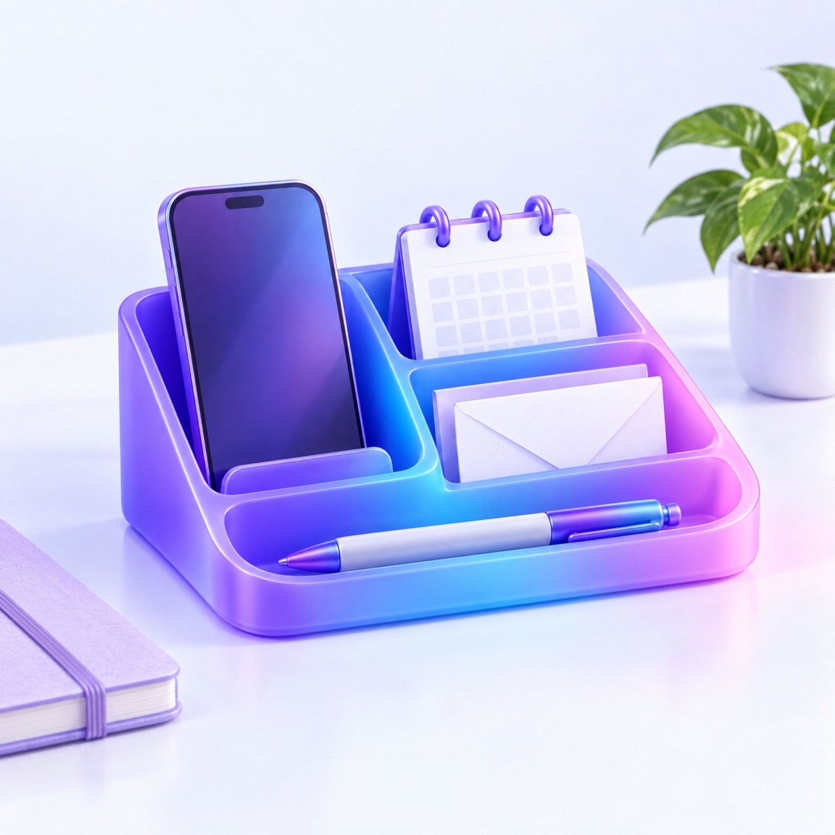 A rounded violet desk organiser holding a phone, a calendar block, an envelope and a pen