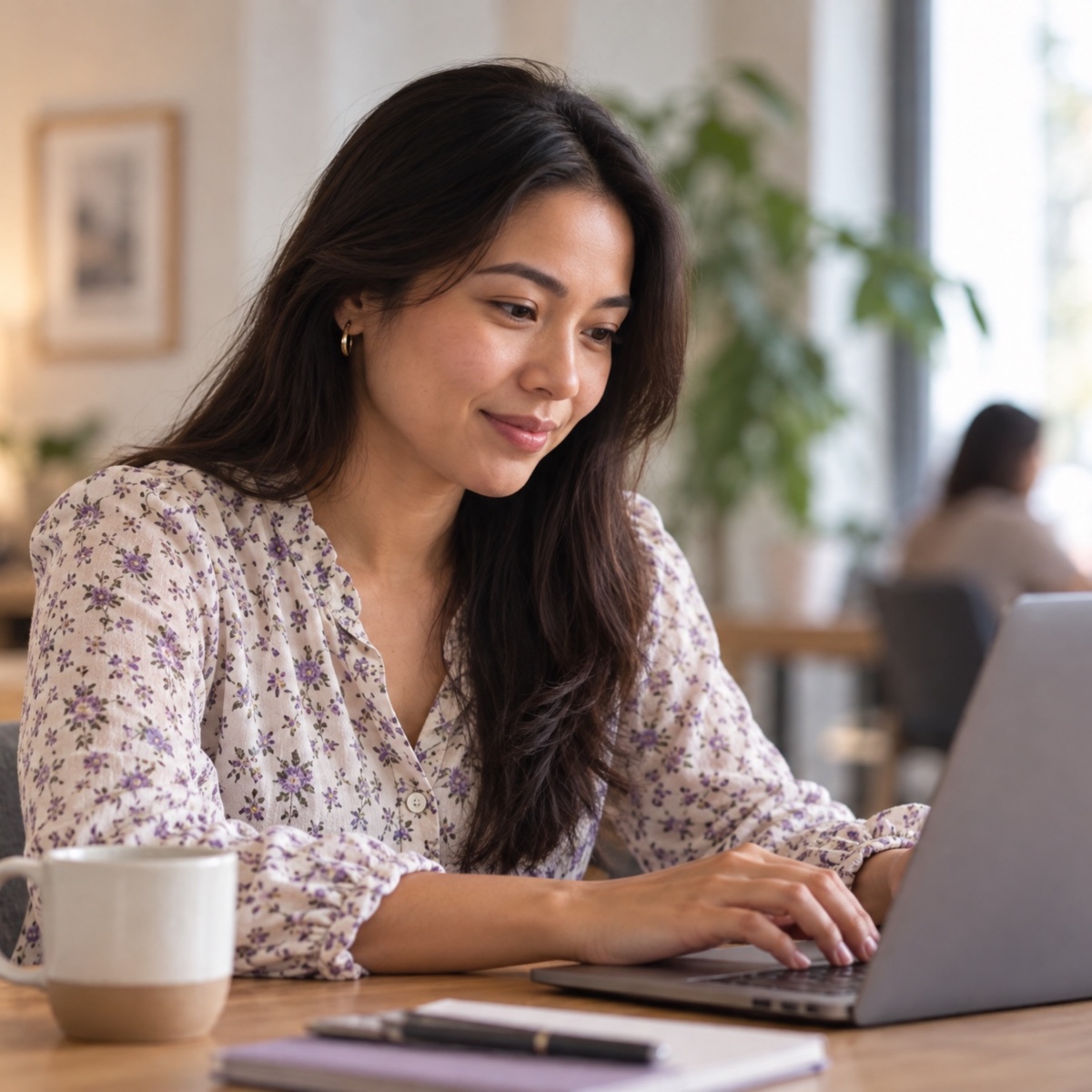 A woman working on her laptop in a quiet, airy coworking space with plants