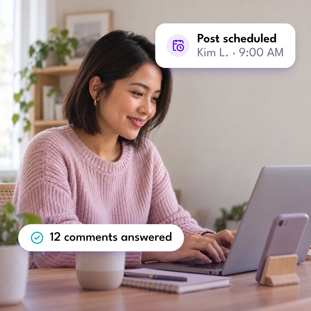 A social media assistant scheduling posts on her laptop, with a "Post scheduled" notification and a "12 comments answered" label