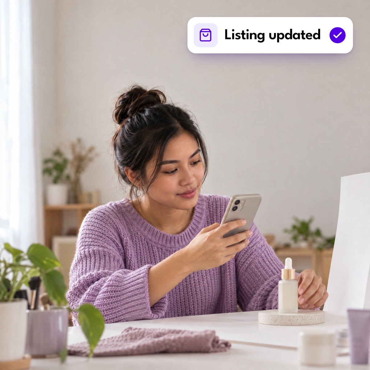 An ecommerce assistant photographing a product on a tabletop set, with a "Listing updated" notification