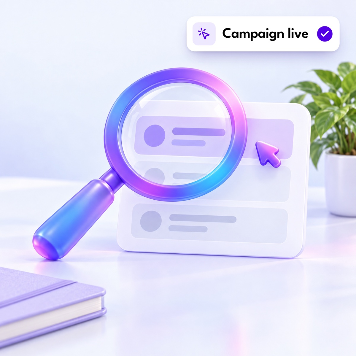 A magnifying glass over a card of search results, the top one highlighted, with a "Campaign live" notification