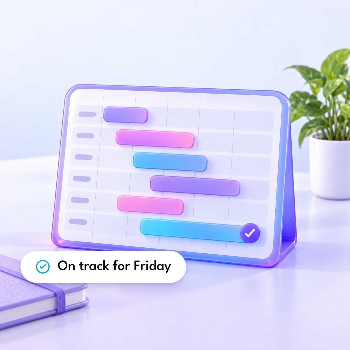 A board of staggered rounded bars like a project timeline, with an "On track for Friday" label