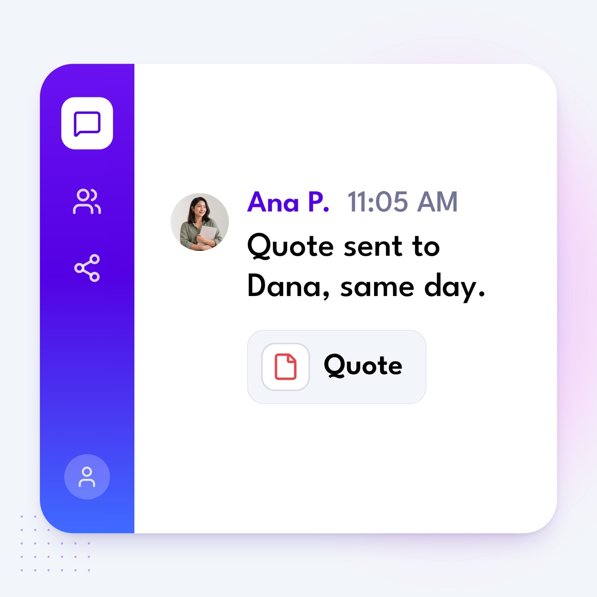 A chat message from Ana P.: "Quote sent to Dana, same day.", with a linked quote