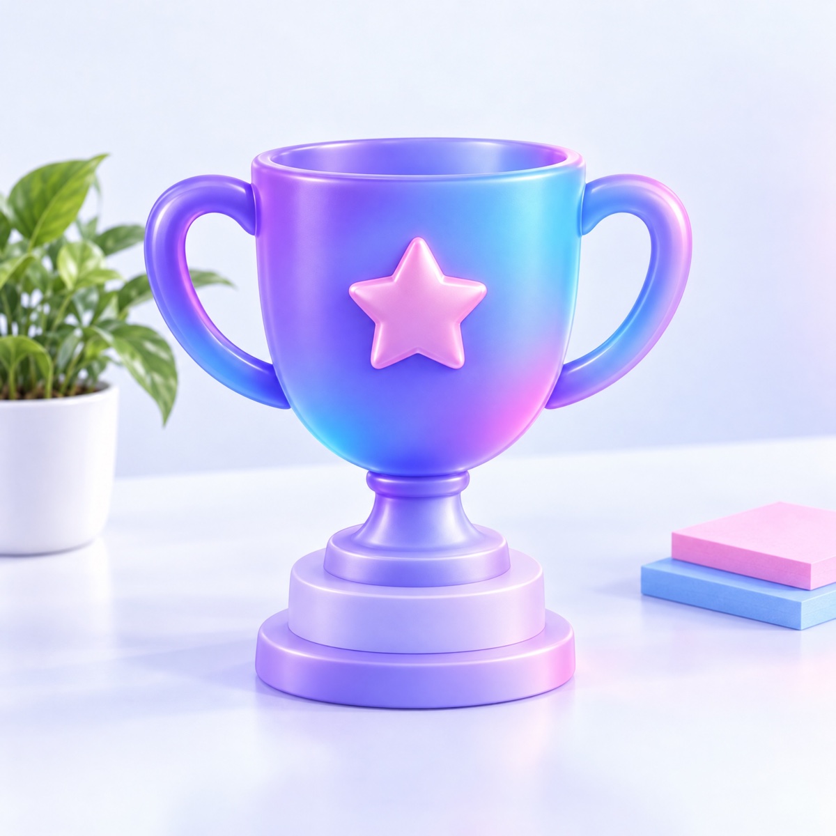 A rounded violet trophy cup with a pink star on its front