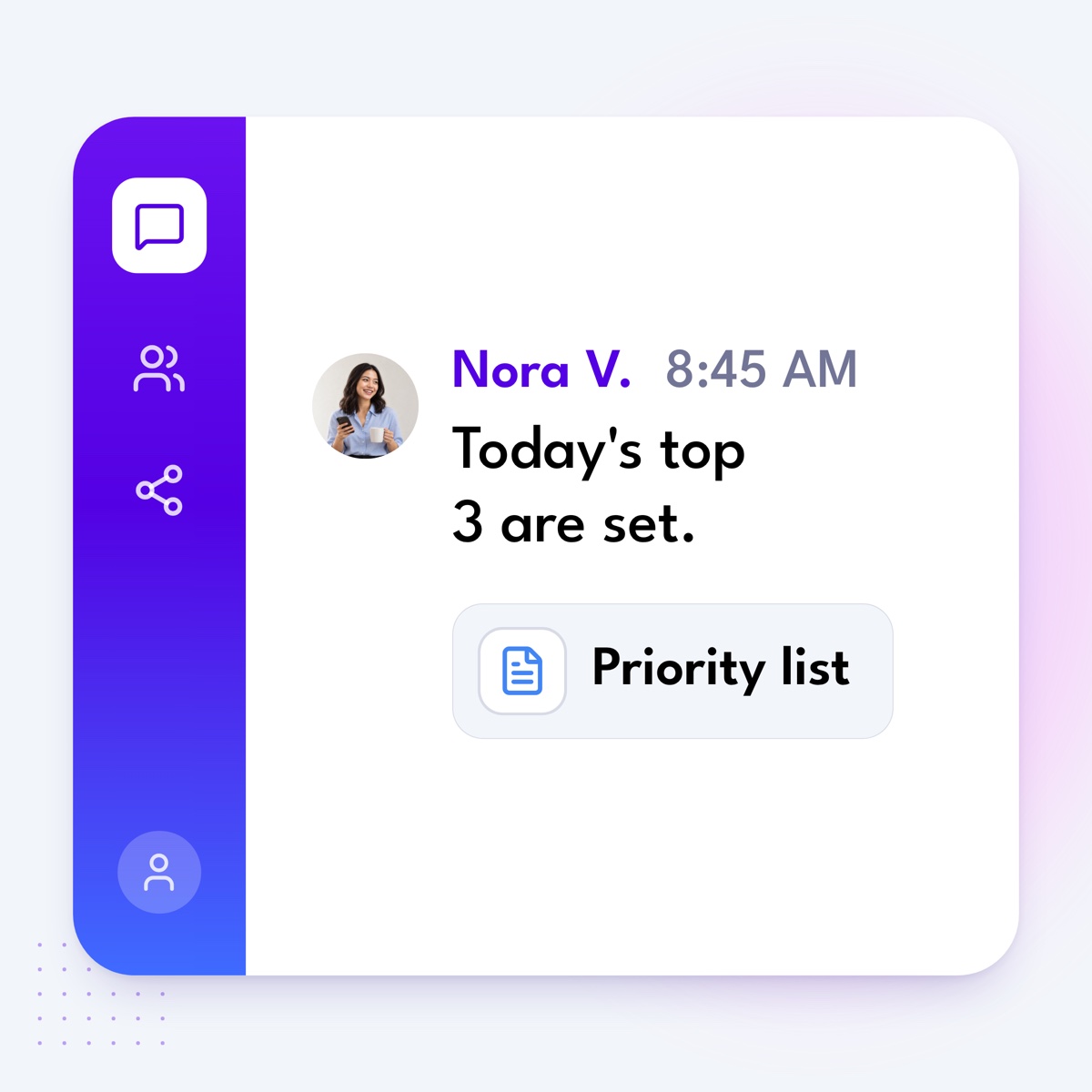 A chat message from Nora V.: "Today's top 3 are set.", with a linked priority list