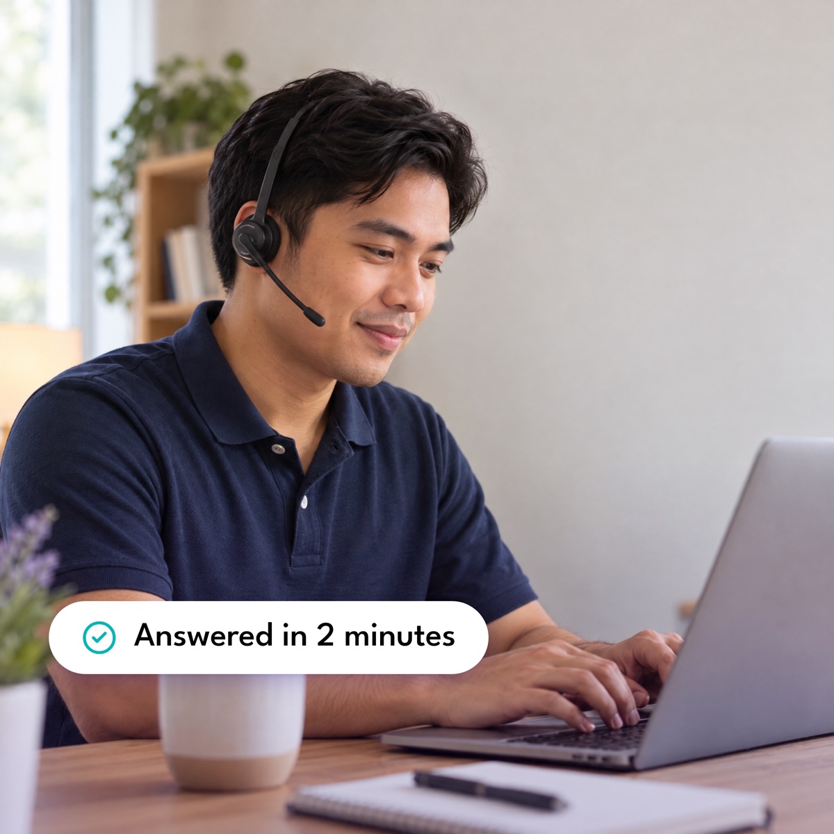 A support assistant typing a reply, with an "Answered in 2 minutes" label