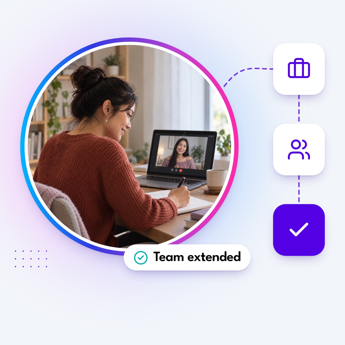 An assistant on a video call in a round gradient frame, with a dashed path to briefcase, people and check tiles and a "Team extended" label