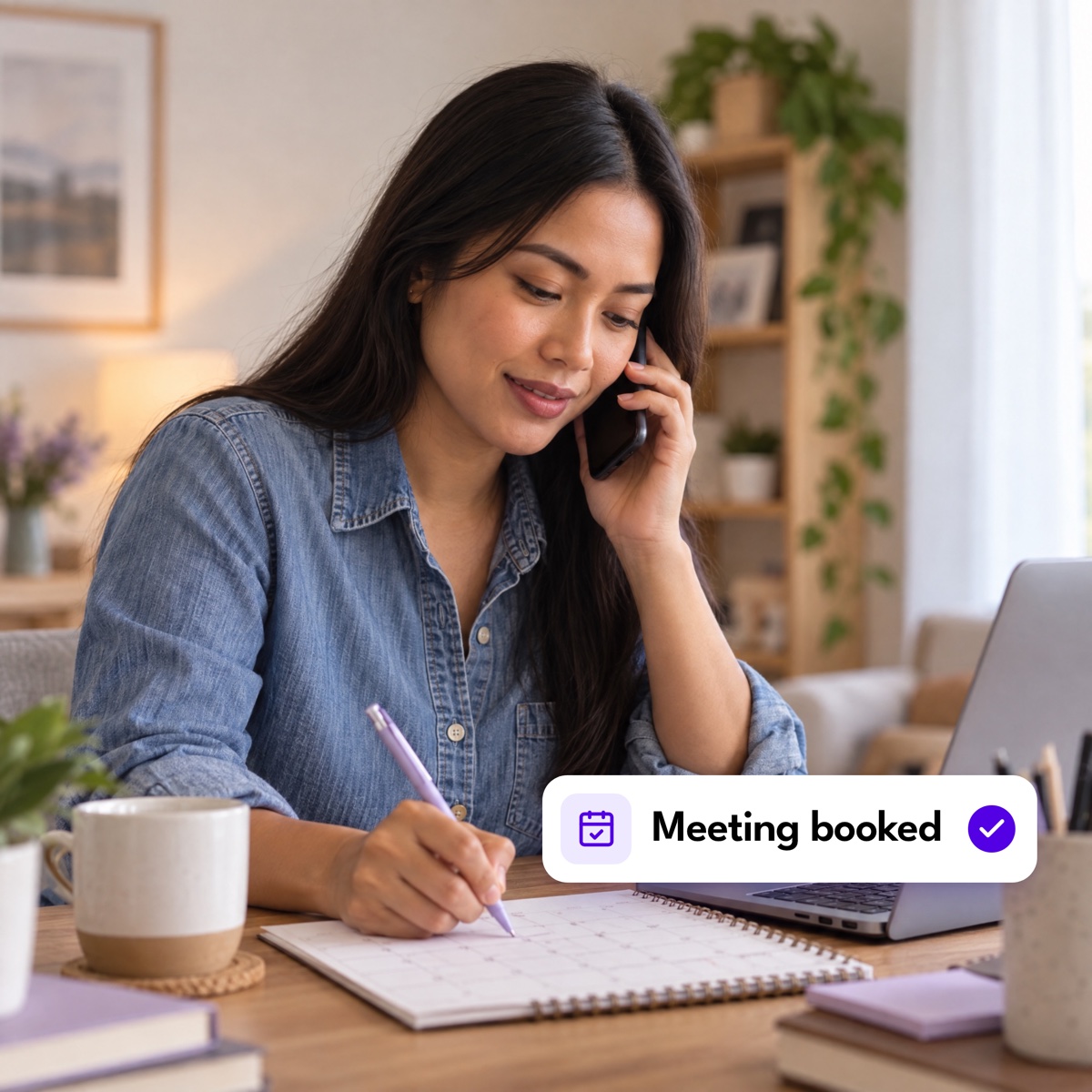 An assistant on a phone call marking a date on her desk calendar, with a "Meeting booked" notification