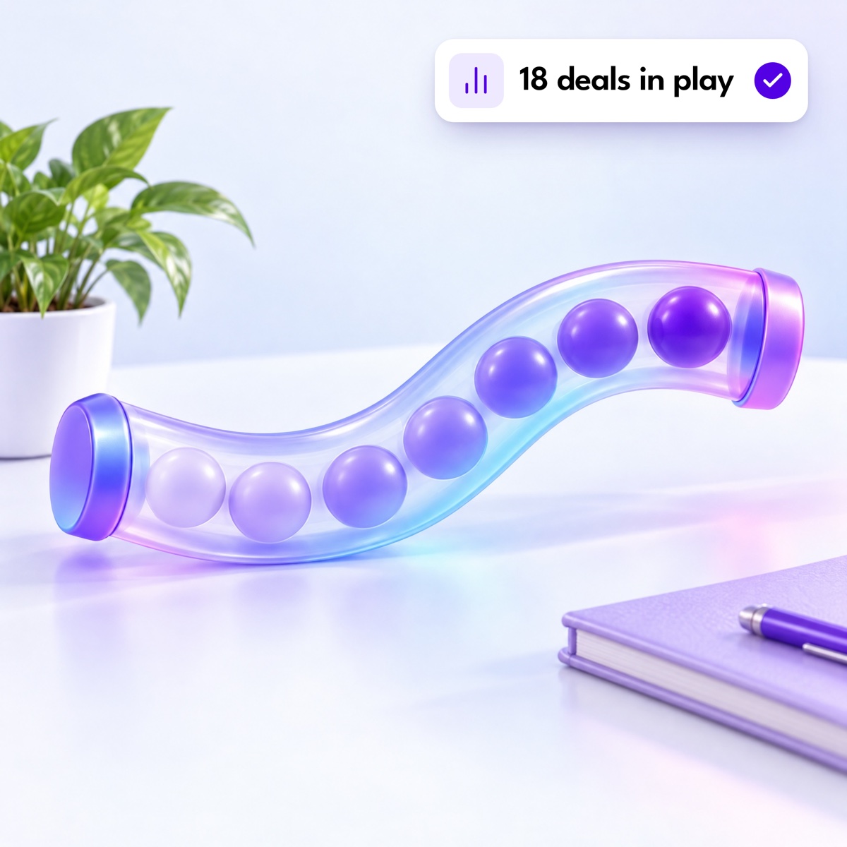 A clear curved tube with spheres inside changing from lilac to violet, with an "18 deals in play" notification