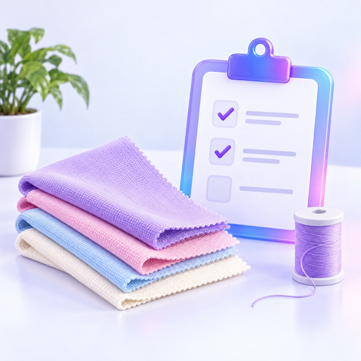 A fanned stack of pastel fabric swatches beside a clipboard checklist