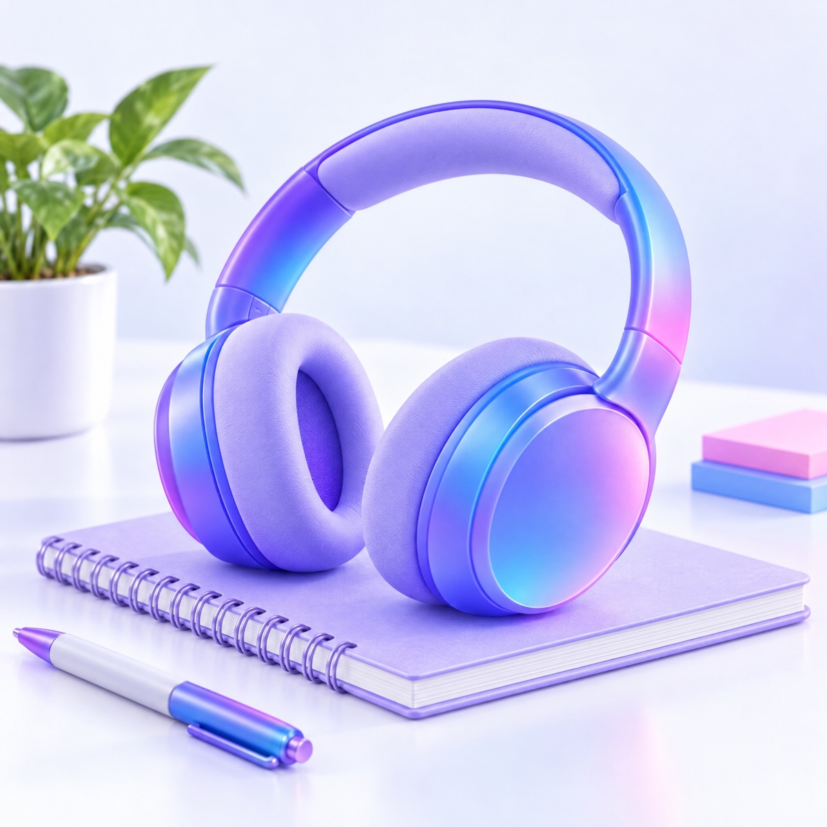 Over-ear headphones resting on a notebook