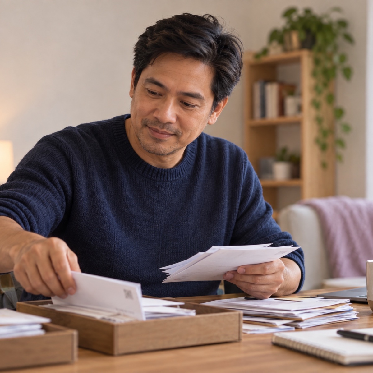 An assistant sorting letters and invoices into trays at his home office desk