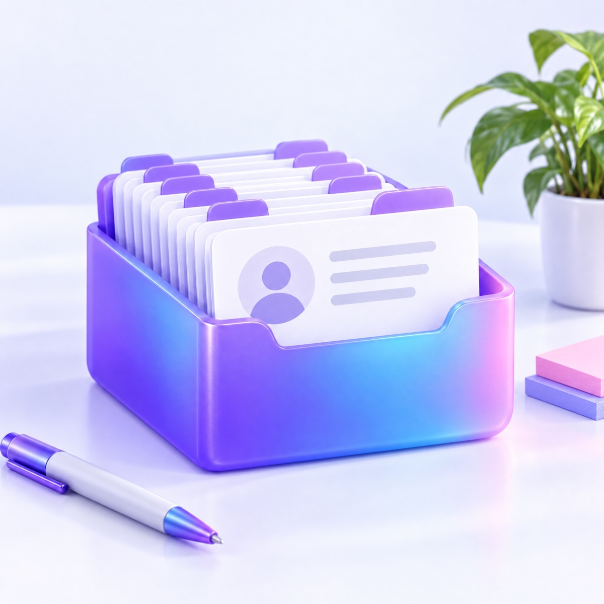 A rounded card file box of contact cards, the front card lifted